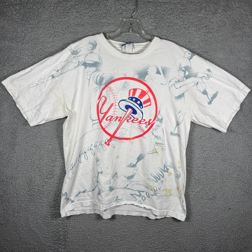 Vintage 1996 New York Yankees All Over Print Shirt Lee Sport XL White MLB Nutmeg